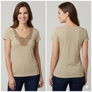 Reference Point Beige Striped Lace Accent Tee